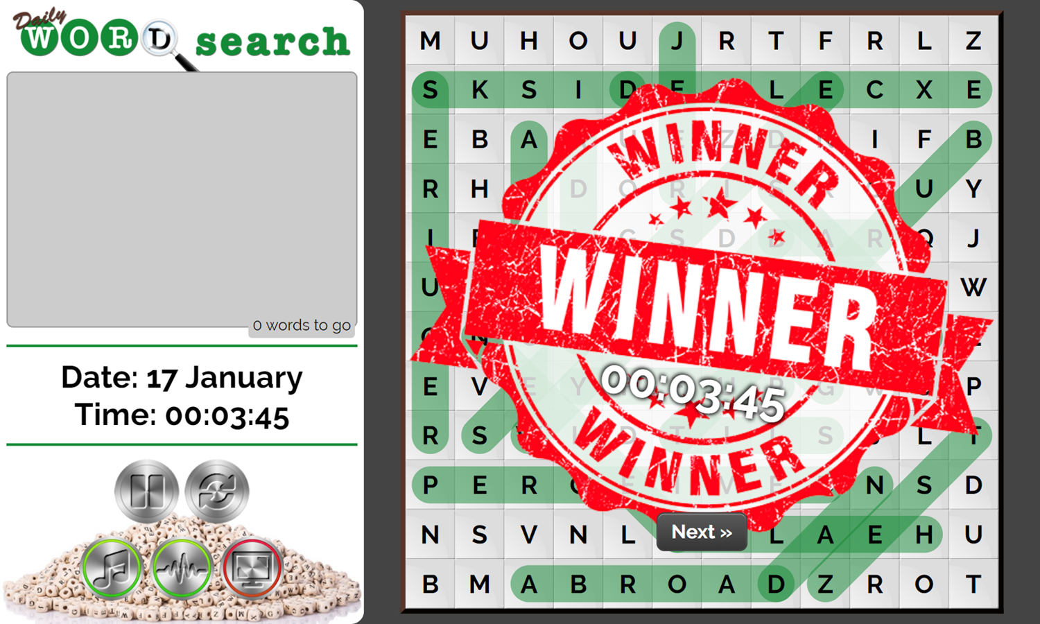 Daily Word Search Game Complete Screenshot.