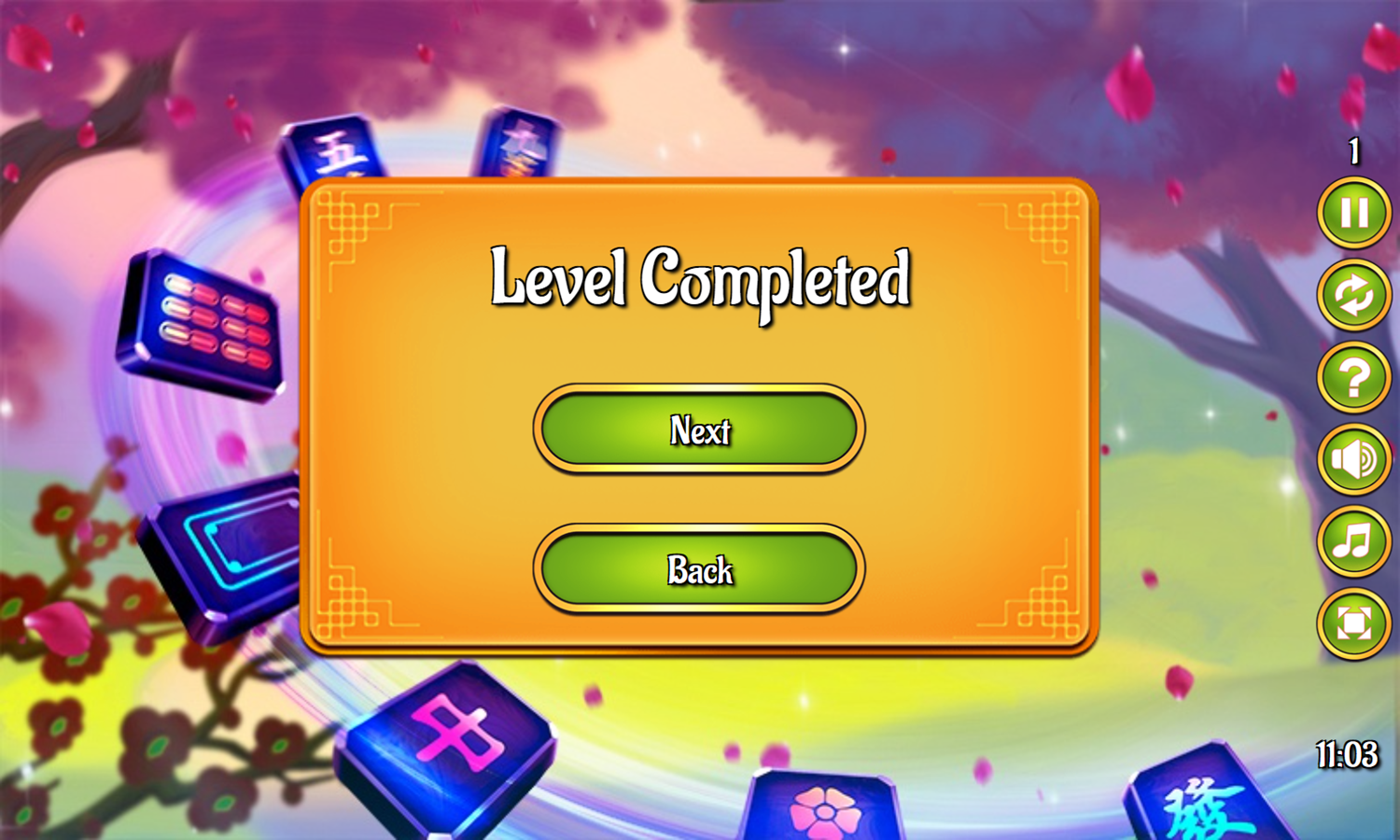 Dark Mahjong Solitaire Game Level Completed Screenshot.