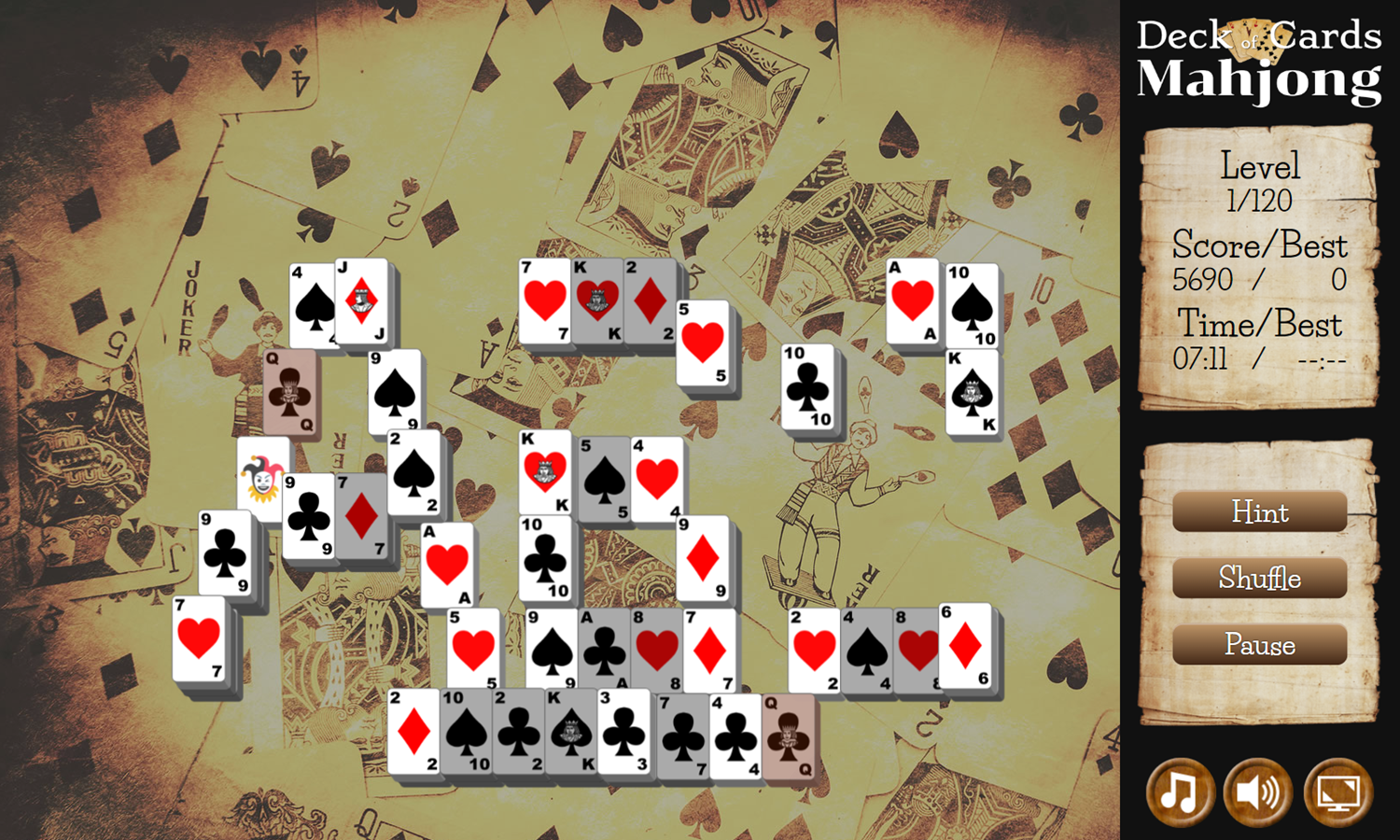 Deck of Cards Mahjong Game Level Play Screenshot.