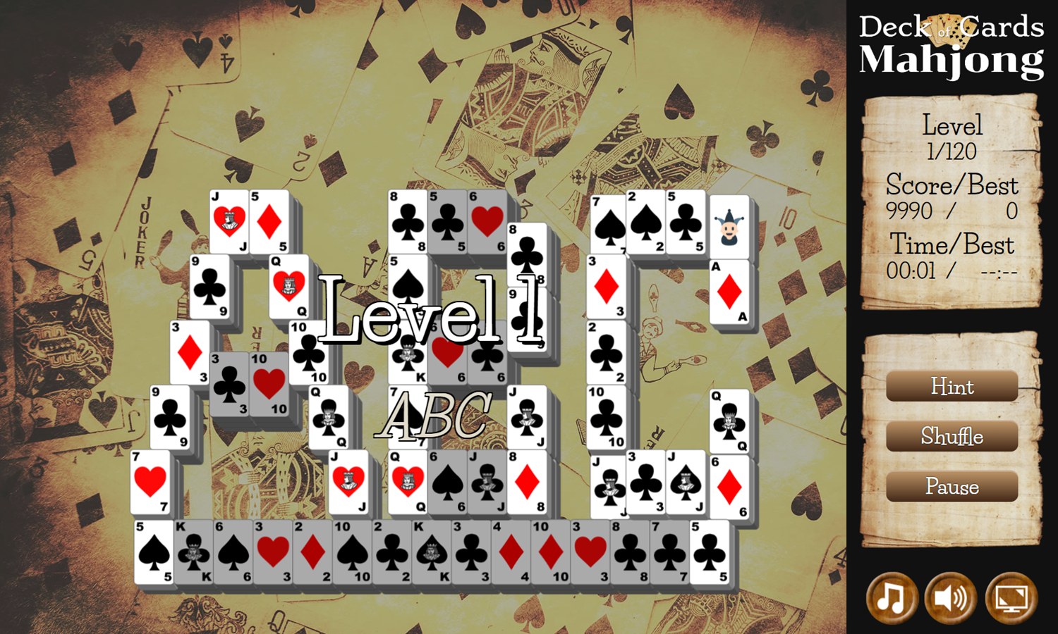 Deck of Cards Mahjong Game Level Start Screenshot.