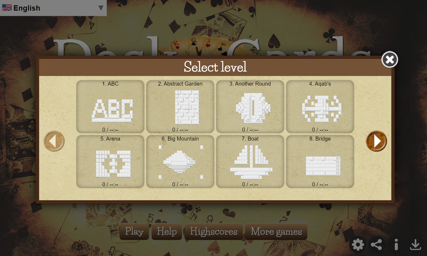 Deck of Cards Mahjong Game Select Level Screenshot.