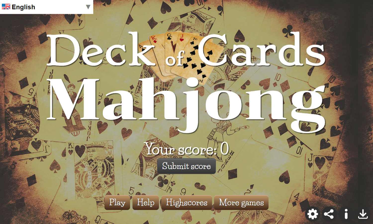 Deck of Cards Mahjong Game Welcome Screen Screenshot.