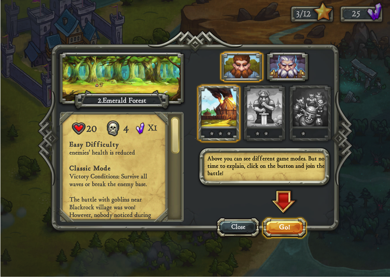Defentures Game Level Description Screen Screenshot.