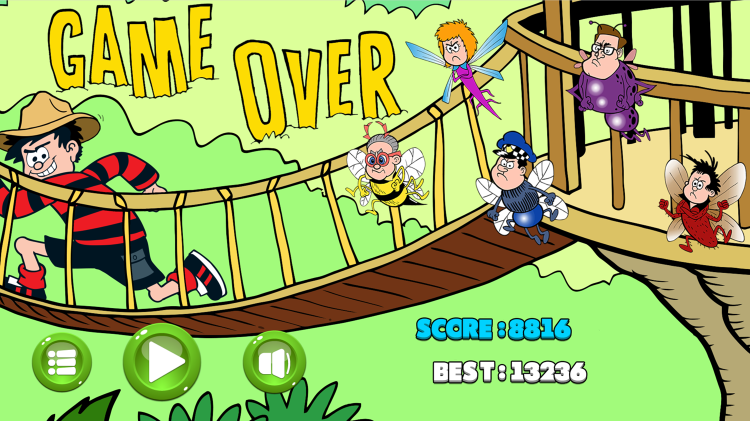 Dennis & Gnasher Beantown Bush Chucker Challenge Game Over Screen Screenshot.