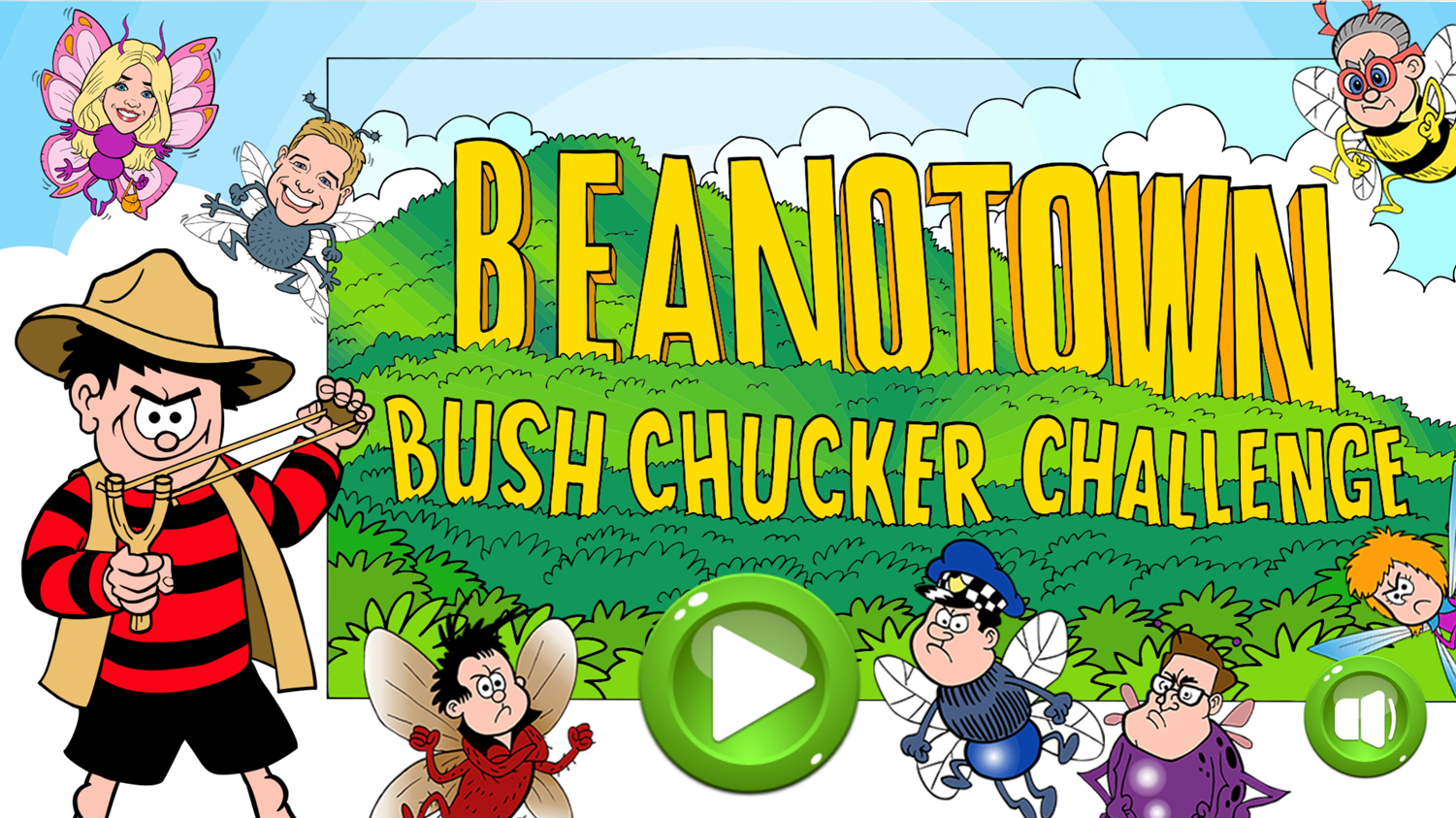 Dennis & Gnasher Beantown Bush Chucker Challenge Game Welcome Screen Screenshot.