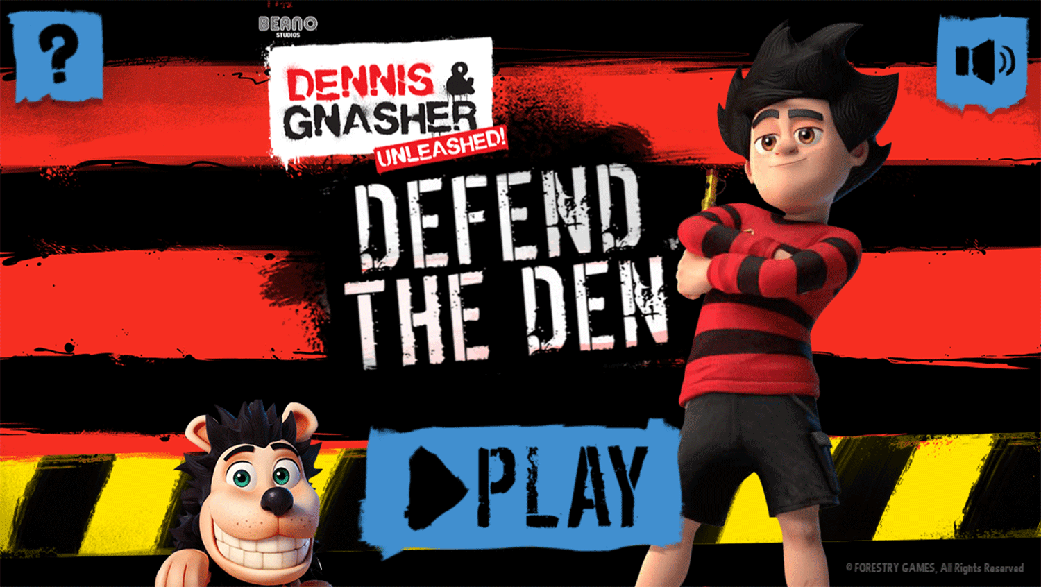 Dennis & Gnasher Defend the Den Game Welcome Screen Screenshot.