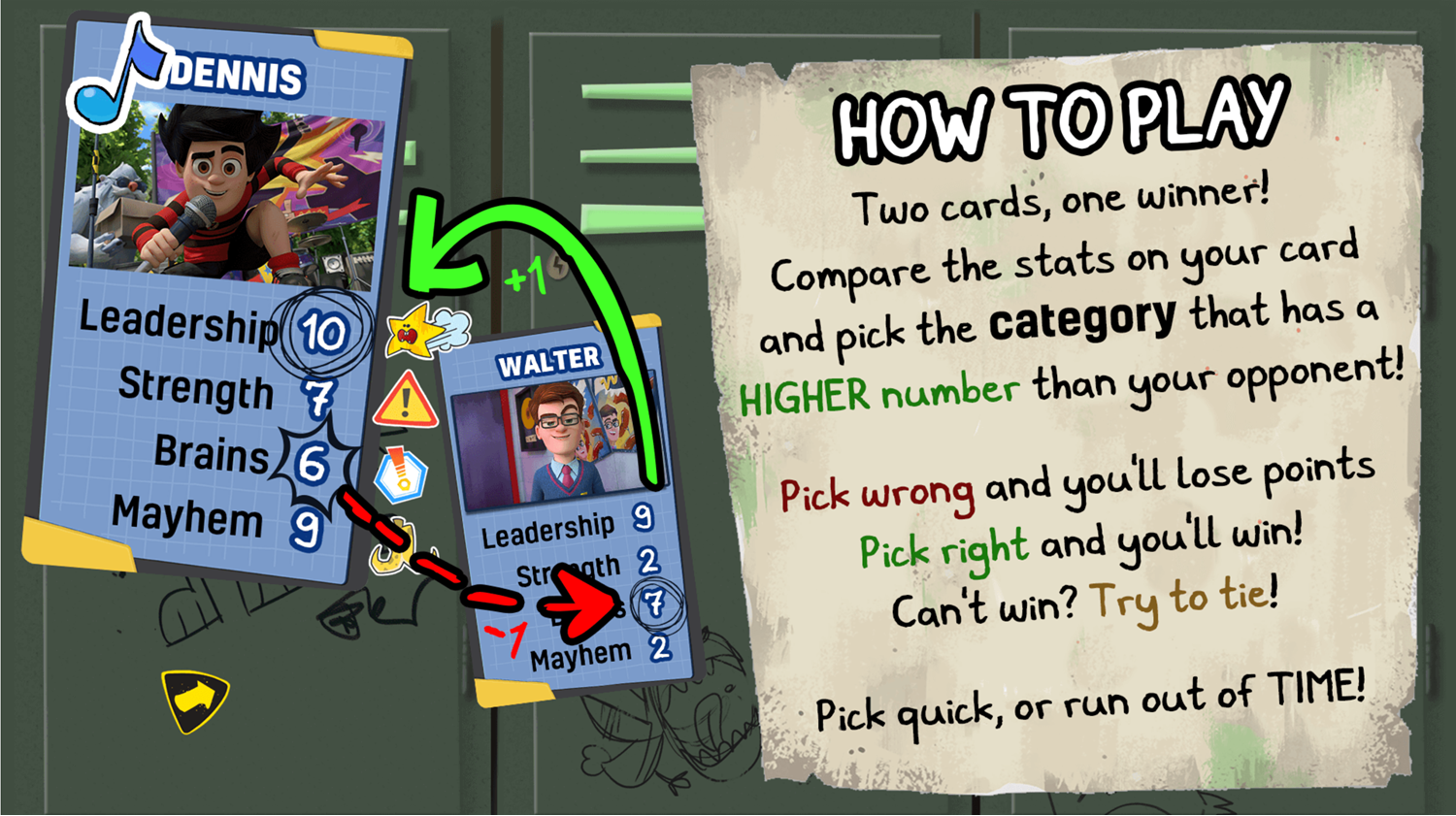 Dennis & Gnasher Top Cards Game Instructions Screen Screenshot.