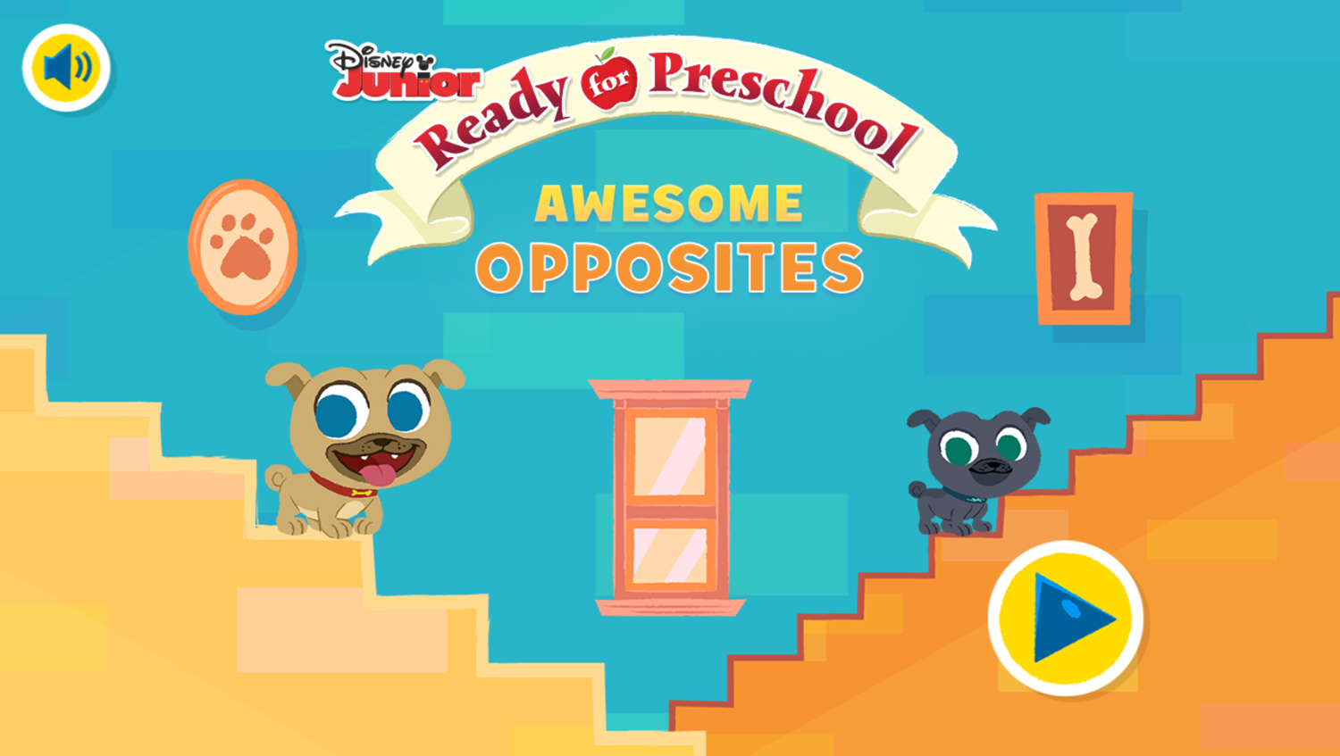 Disney Jr Bingo and Rolly Awesome Opposites Game Welcome Screen Screenshot.