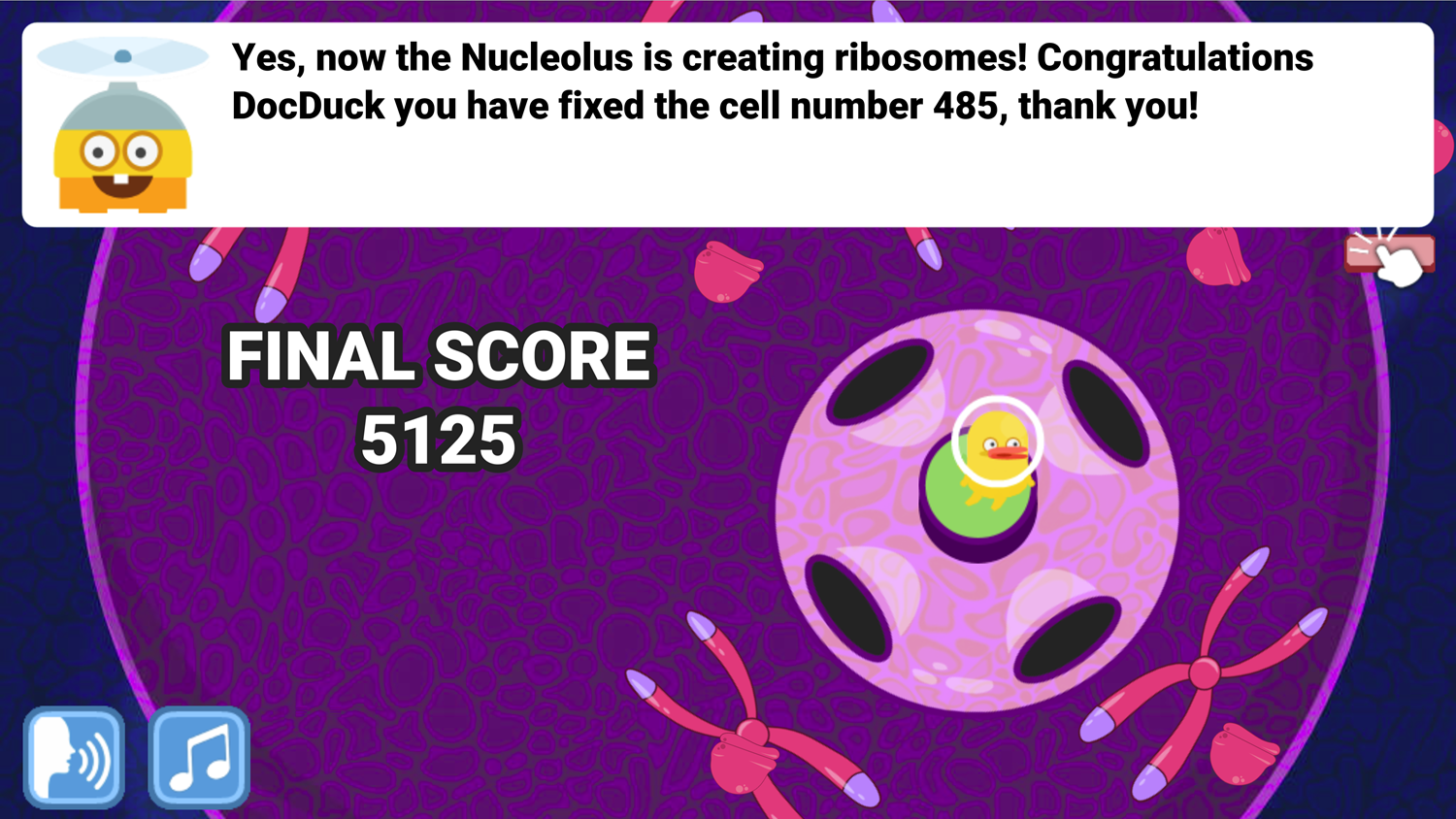 DocDuck Parts of the Cell Game Over Screen Screenshot.