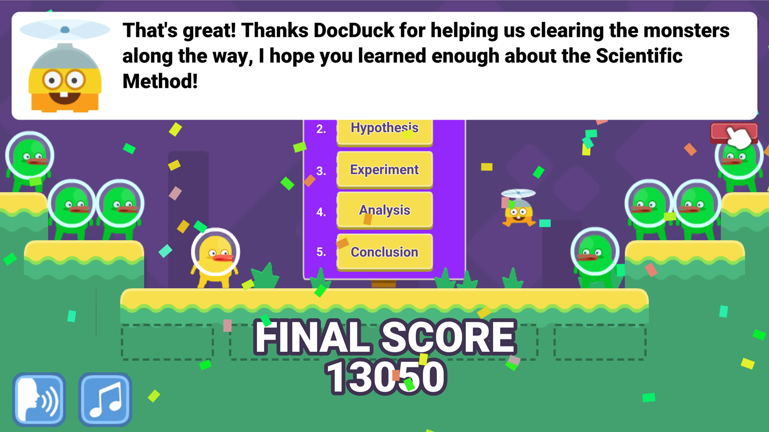 DocDuck Scientific Method Game Over Screen Screenshot.