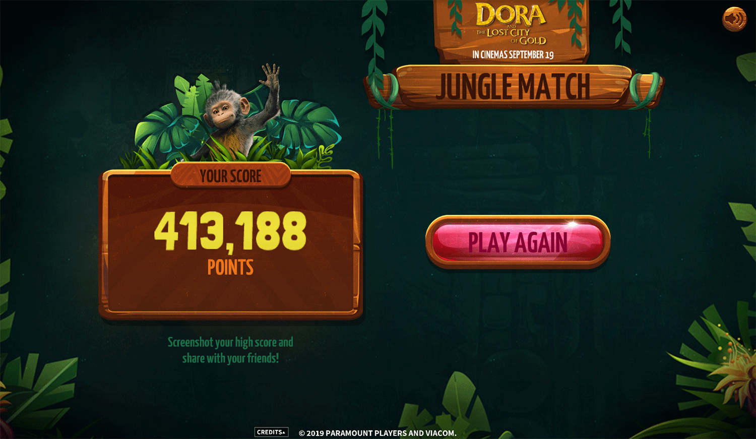 Dora Jungle Match Game Time's Up Screenshot.