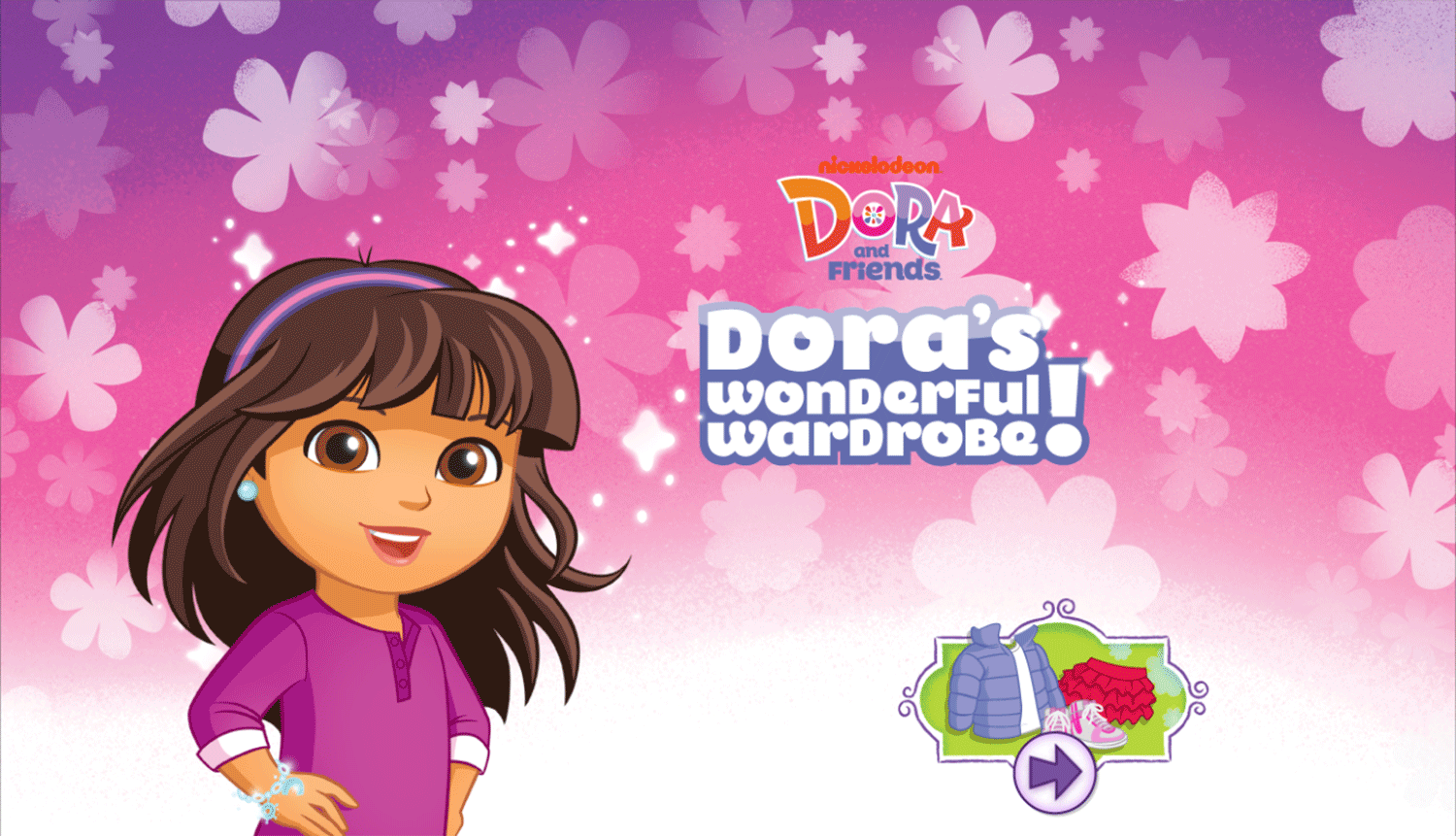 Dora's Wonderful Wardrobe Dress Up Game Welcome Screen Screenshot.