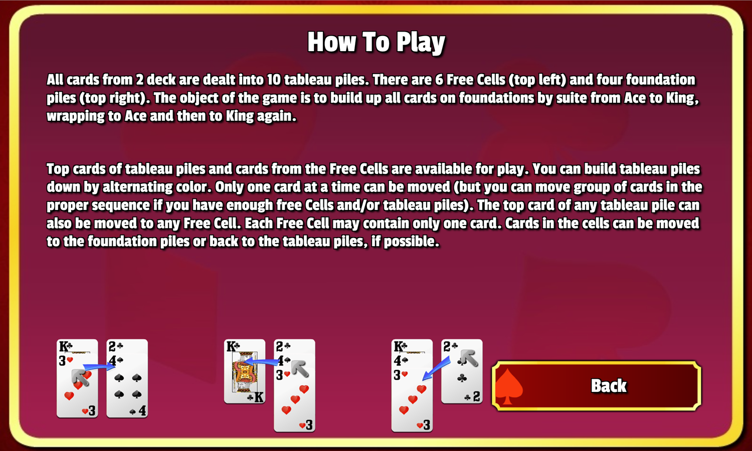 Double Freecell Game How to Play Screen Screenshot.