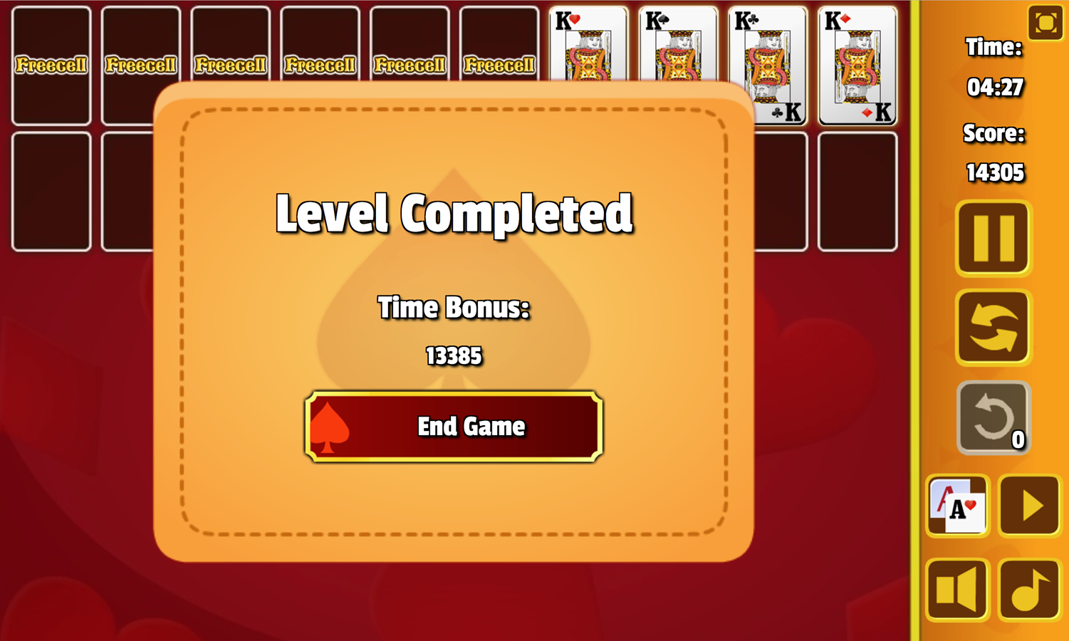 Double Freecell Game Level Completed Screen Screenshot.