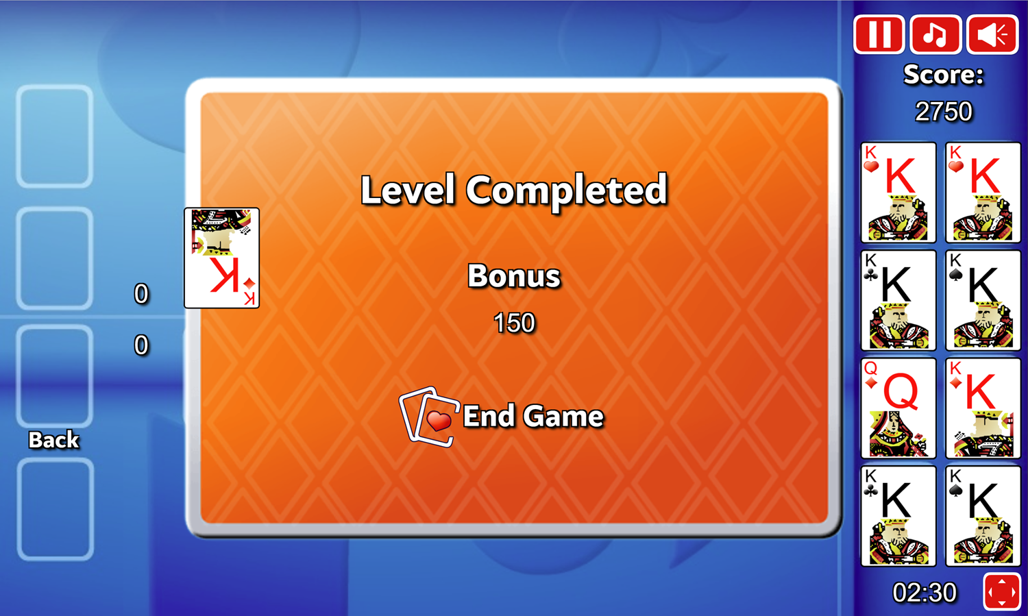 Double Solitaire Game Level Completed Screen Screenshot.
