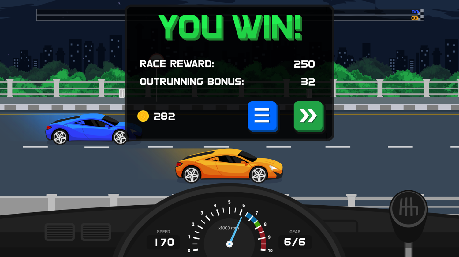 Drag Racing Game You Win Screen Screenshot.