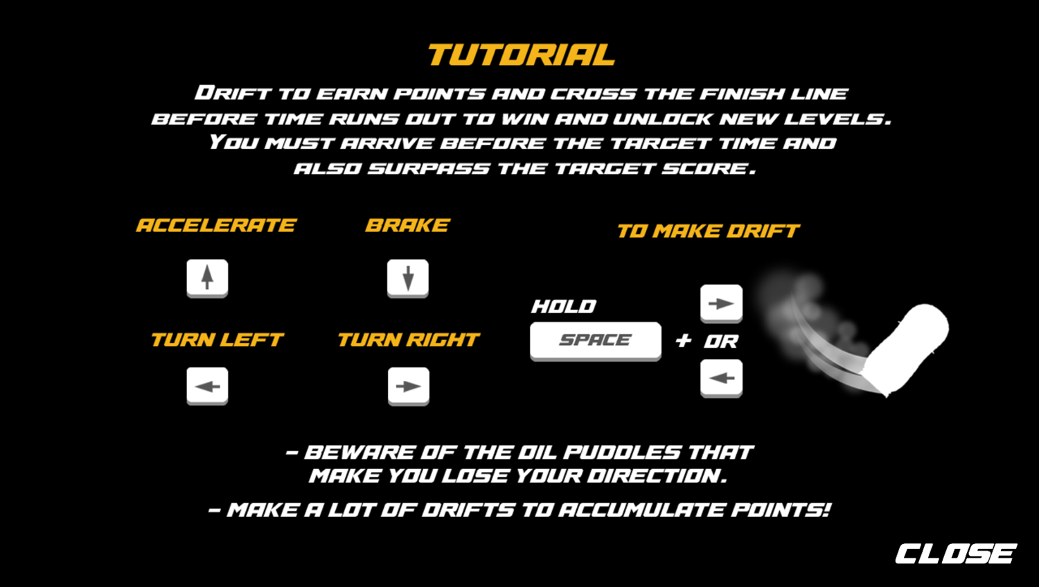Drift Challenge Game Tutorial Screenshot.