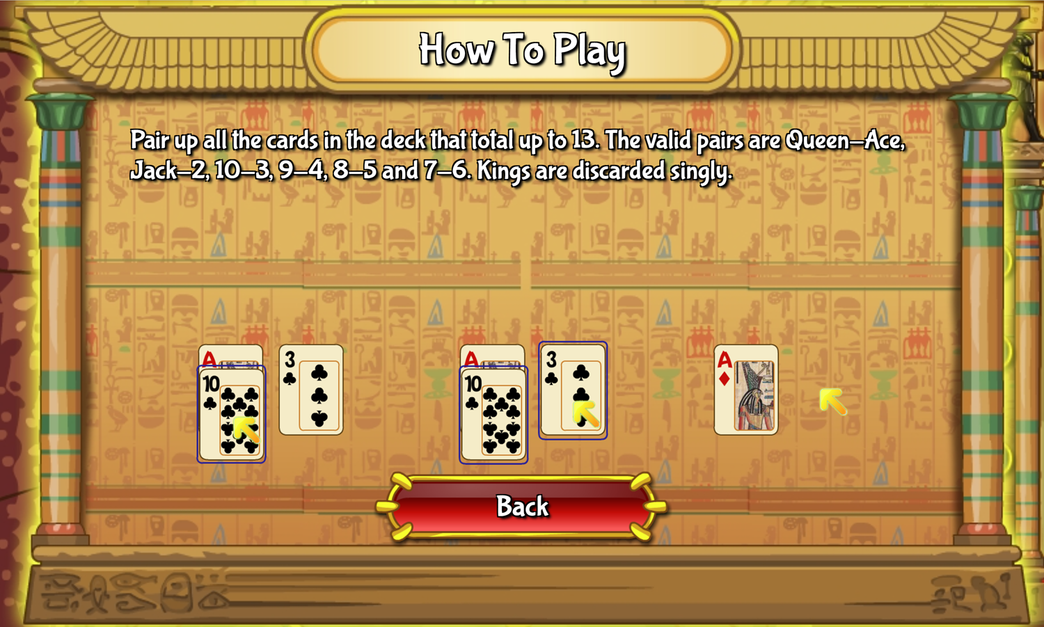 Egypt Pyramid Solitaire Game How to Play Screen Screenshot.