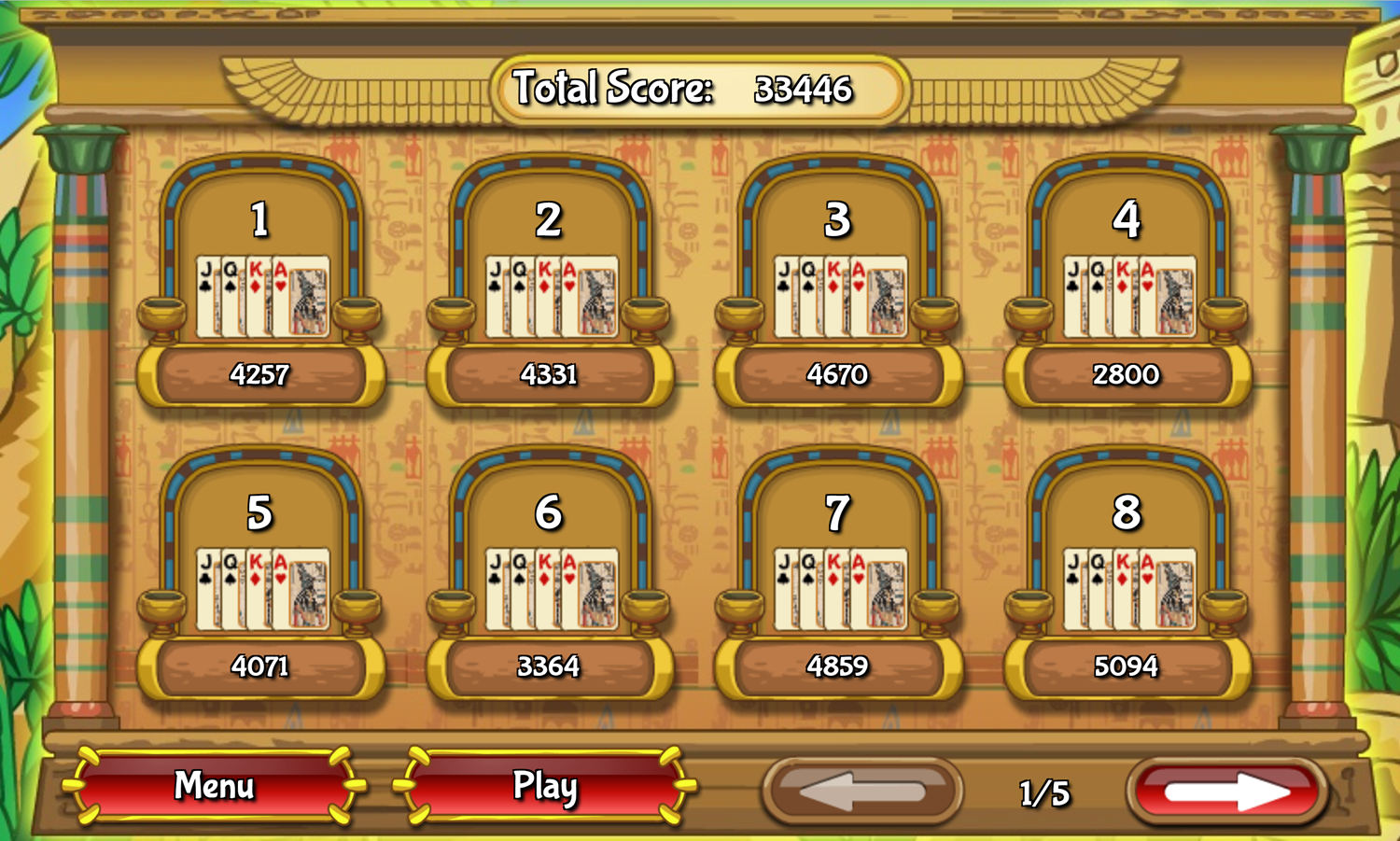 Egypt Pyramid Solitaire Game Level Select Screen Screenshot.
