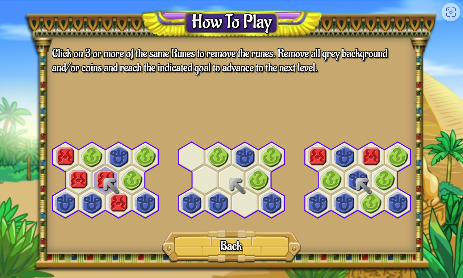 Egypt Runes Game How to Play Screen Screenshot.