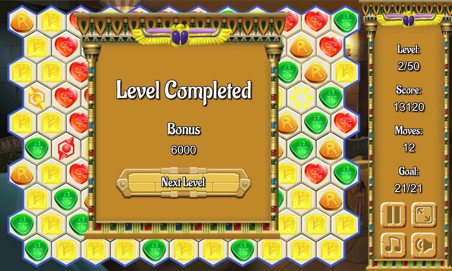 Egypt Runes Game Level Completed Screen Screenshot.