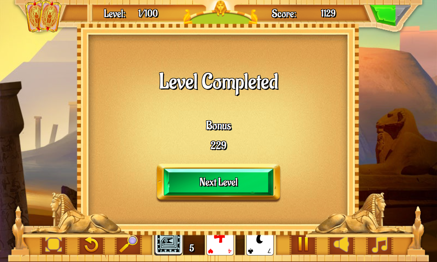 Egypt Solitaire Game Level Completed Screenshot.
