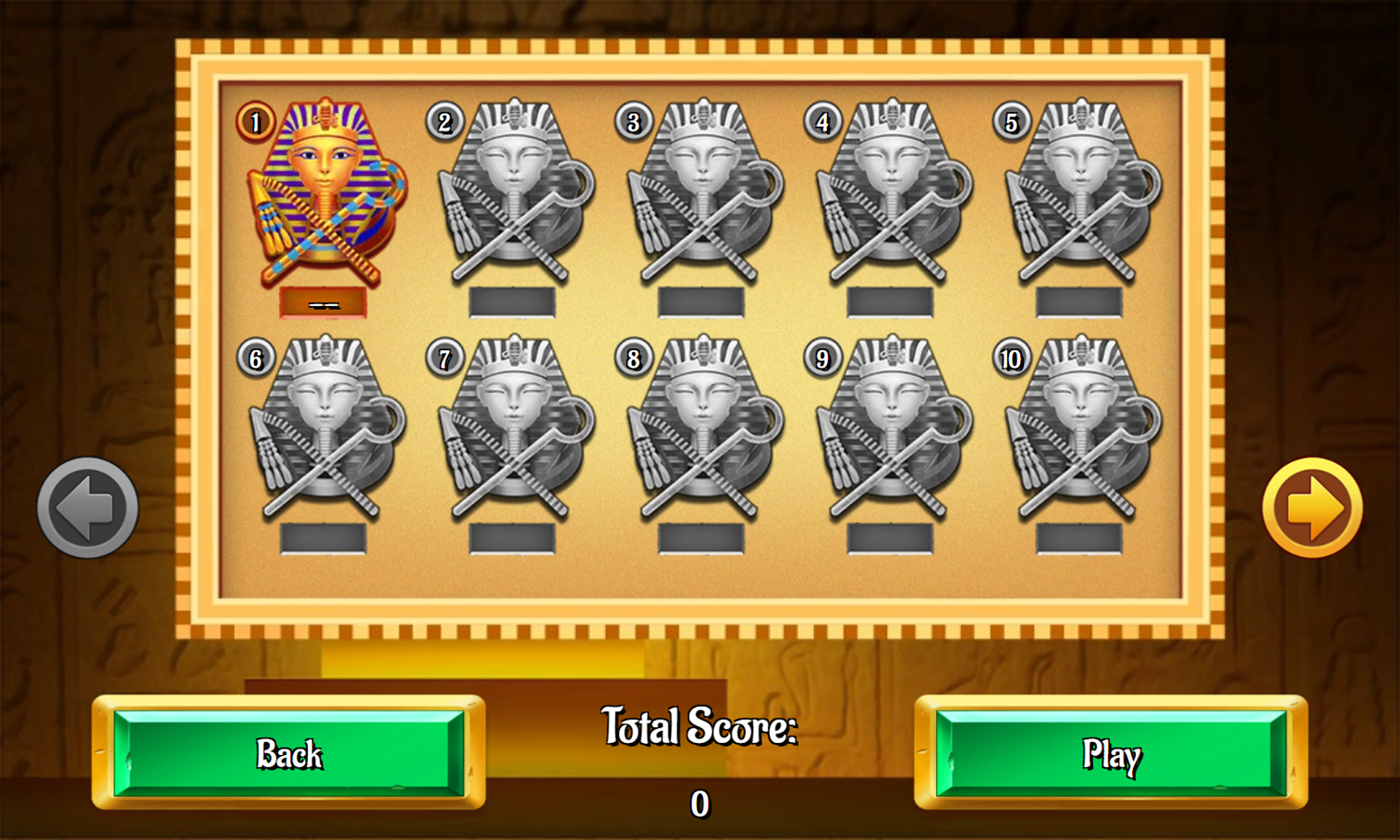 Egypt Solitaire Game Level Select Screenshot.