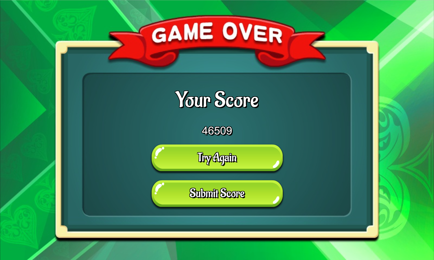 Eliminator Solitaire Game Over Screen Screenshot.