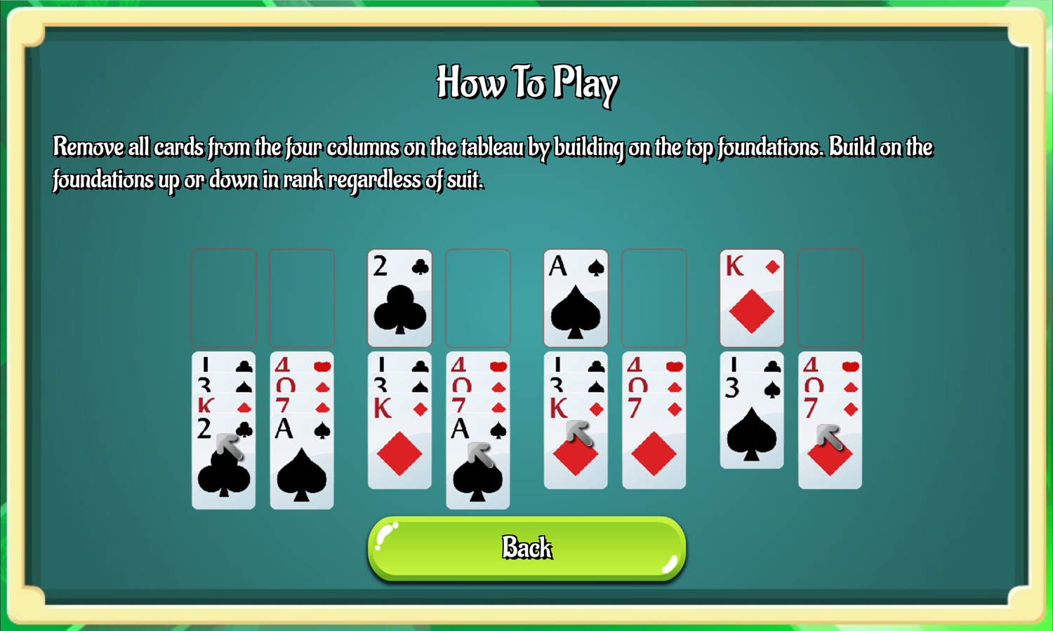 Eliminator Solitaire Game How to Play Screen Screenshot.