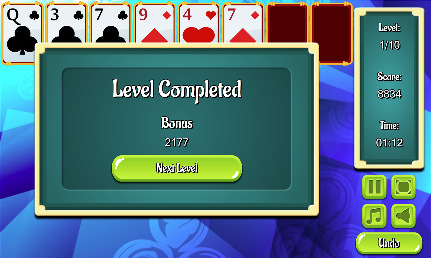 Eliminator Solitaire Game Level Completed Screen Screenshot.