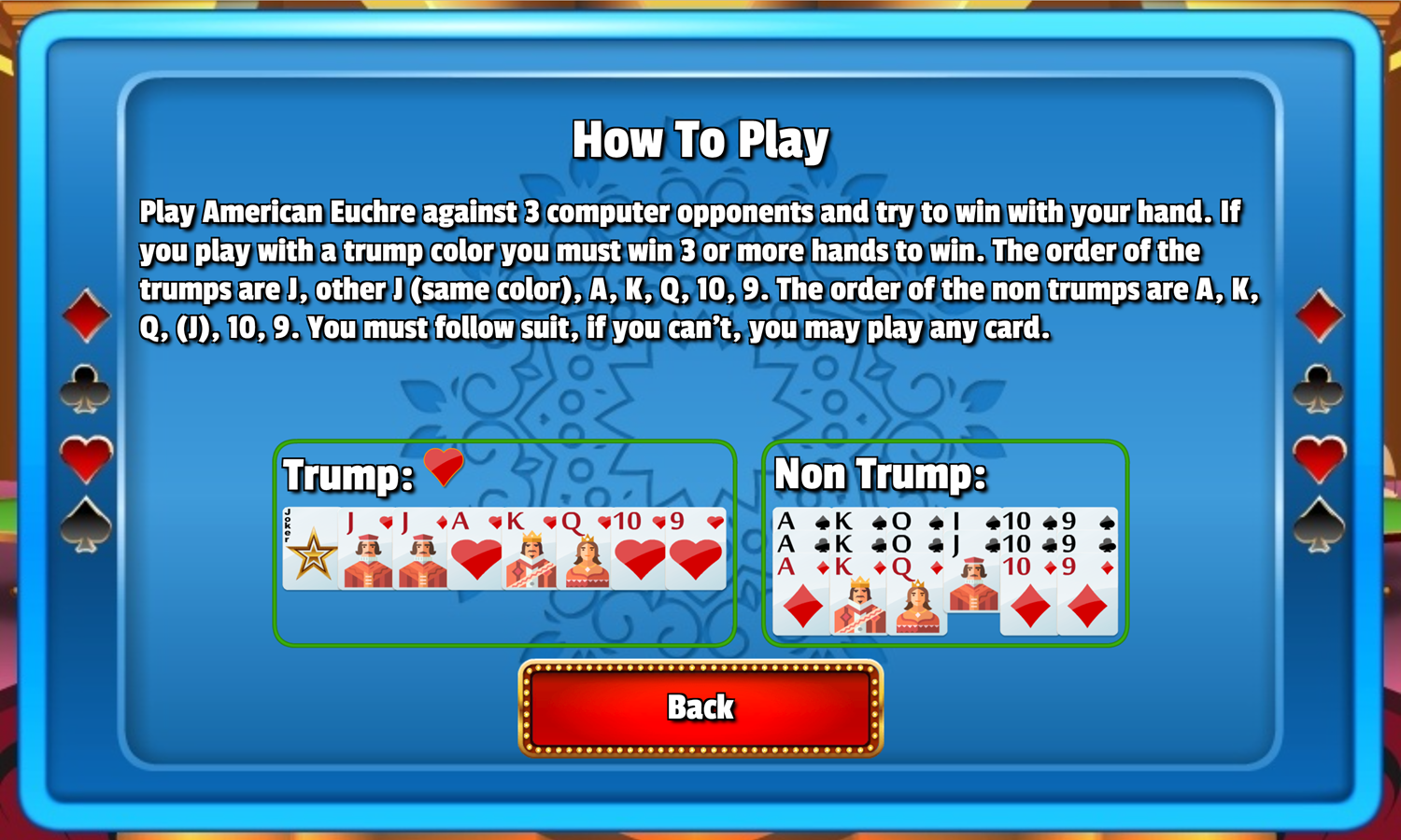 Euchre Game Help Screen Screenshot.