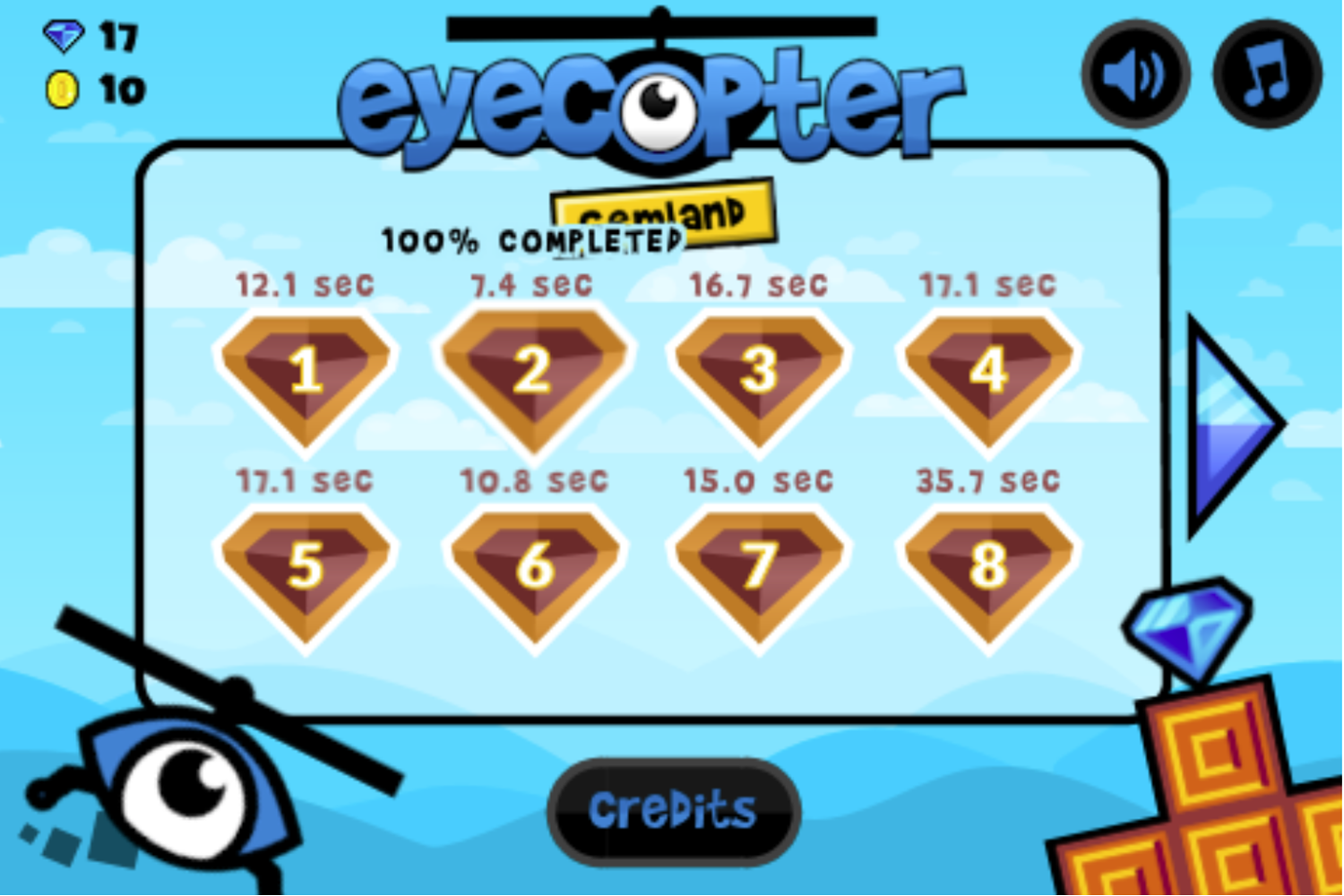 Eyecopter Gemland Game Level Select Complete Screenshot.