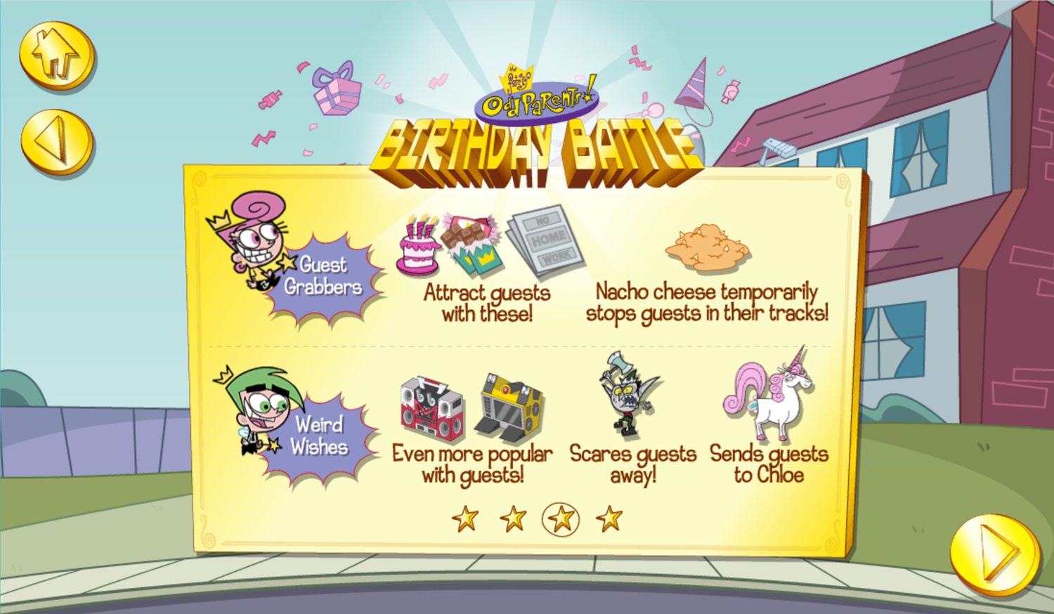 The Fairly OddParents Birthday Battle Game Wish Types Screen Screenshot.