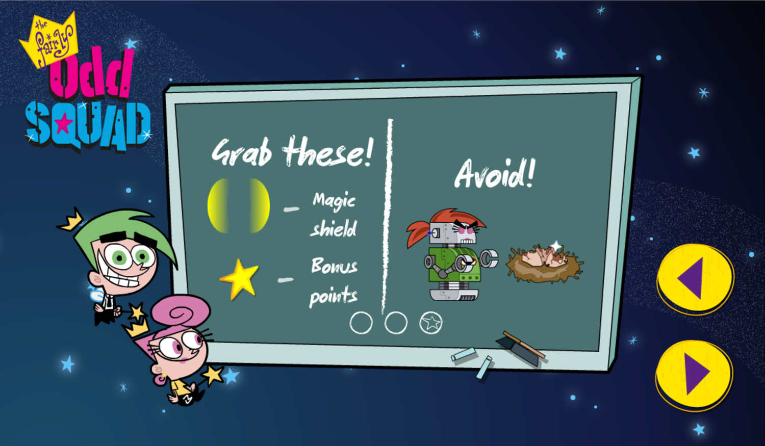 The Fairly OddParents The Fairly odd Squad Game Collect & Avoid Instructions Screen Screenshot.