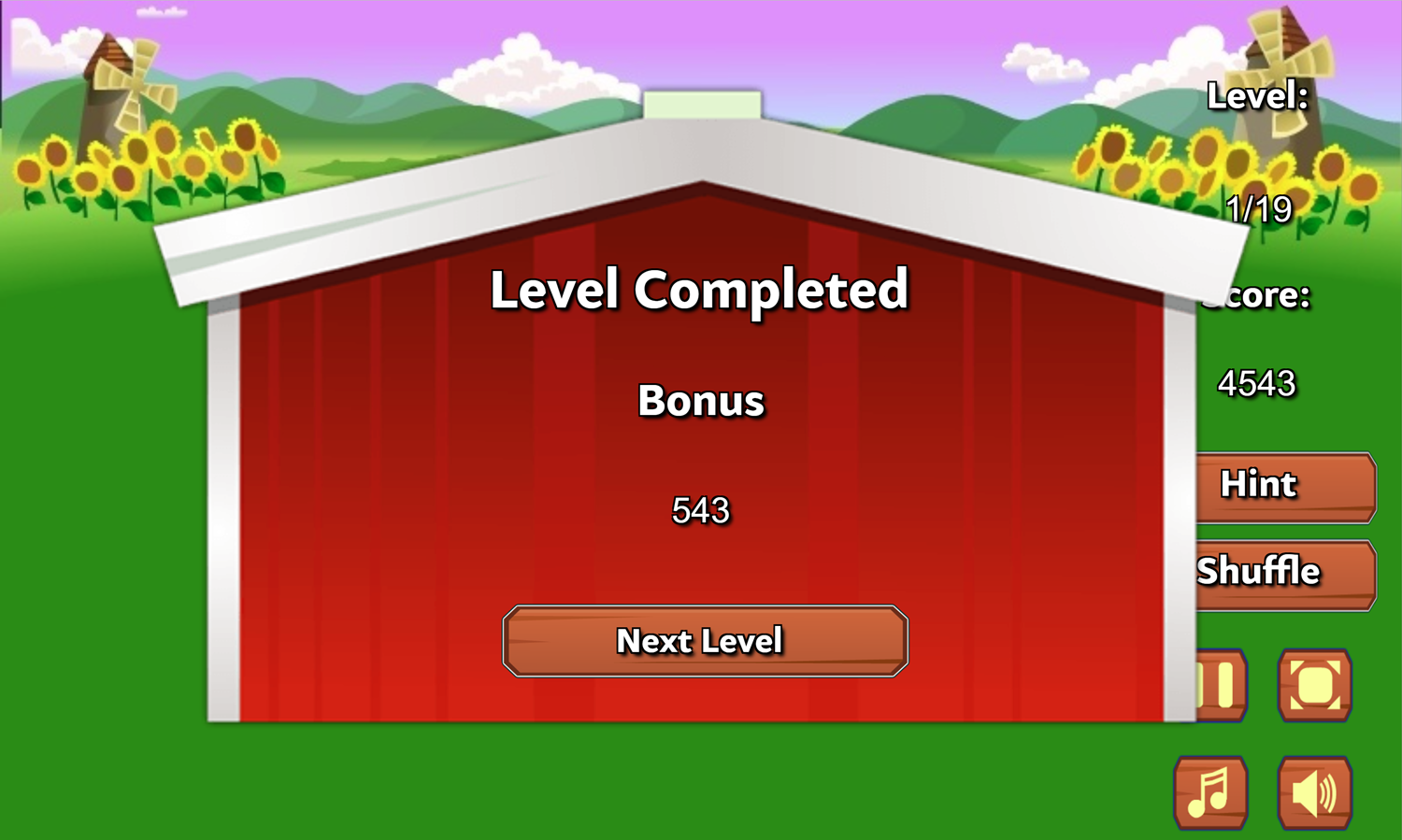 Farm Flip Mahjongg Game Level Completed Screen Screenshot.