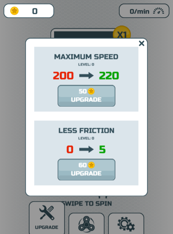 Fidget Spinner Mania Game Upgrades Screenshot.