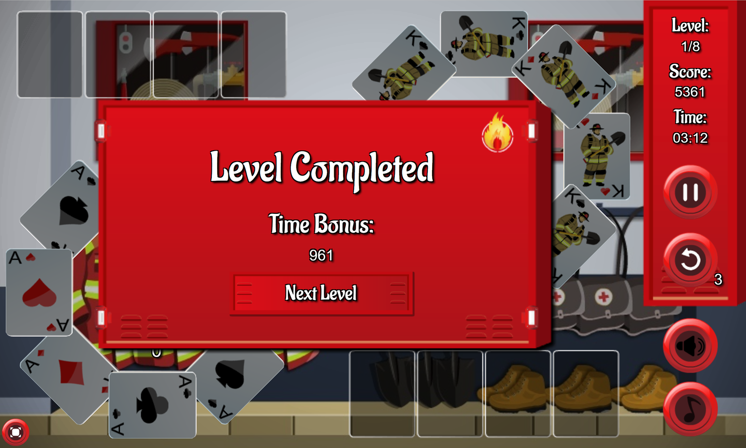 Firemen Solitaire Game Level Completed Screen Screenshot.