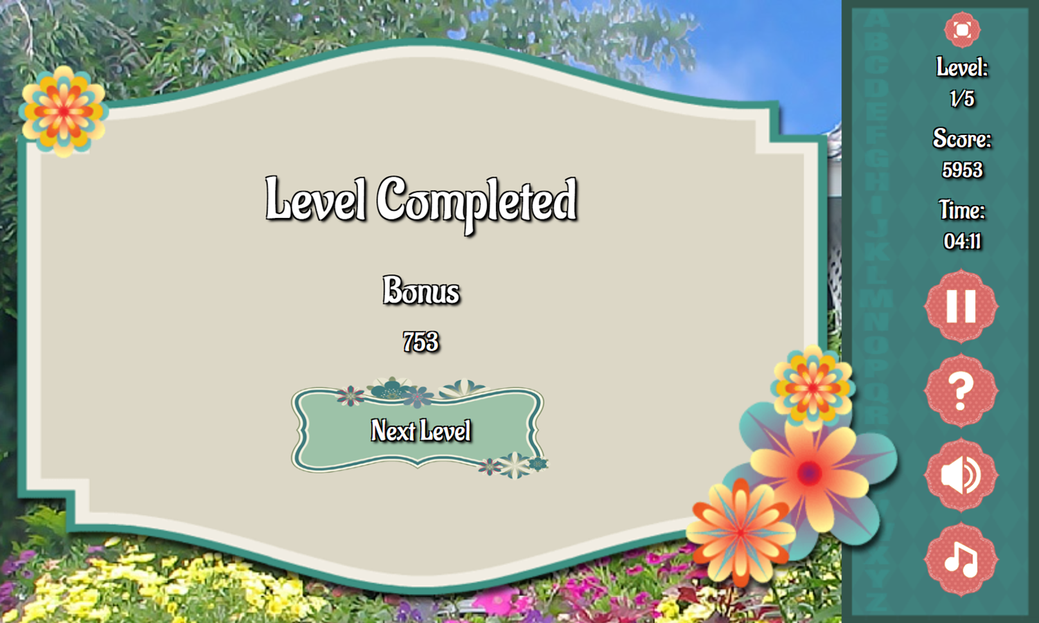 Flower Garden Game Level Completed Screenshot.