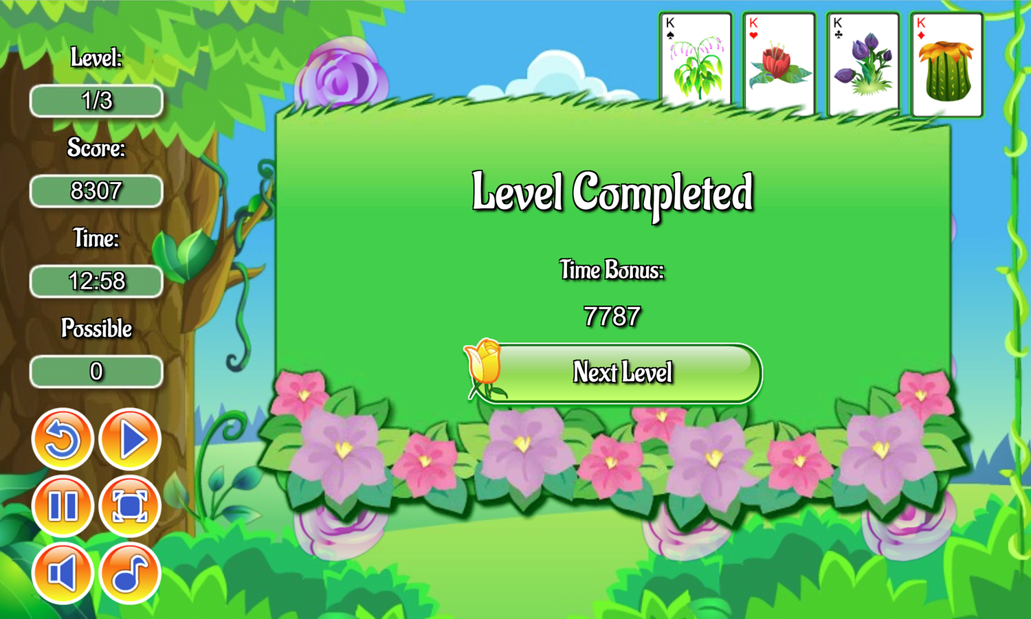 Flower Solitaire Game Level Completed Screen Screenshot.