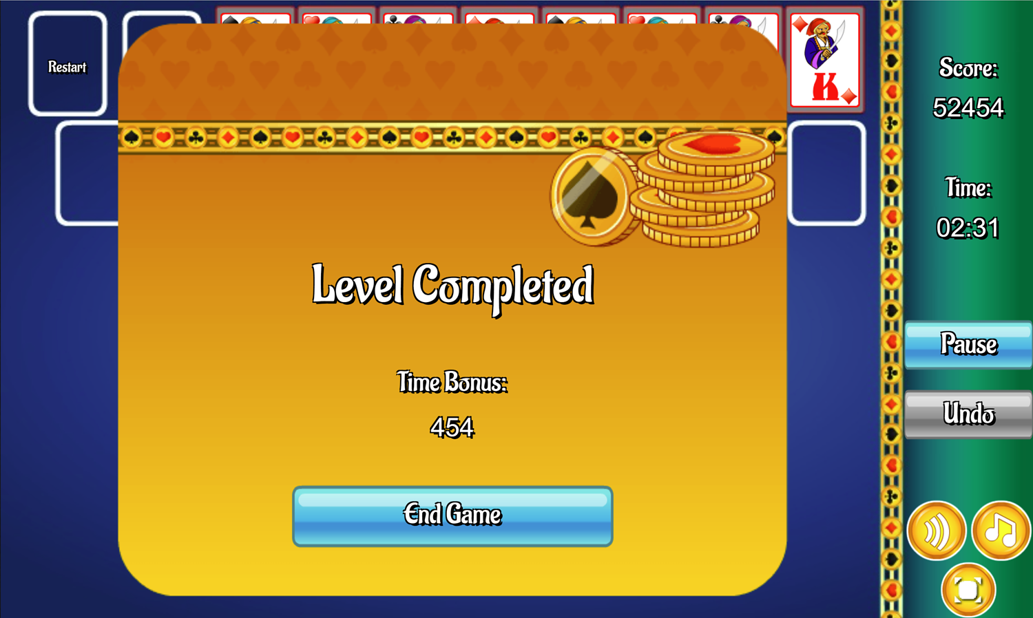 Forty Thieves Solitaire Game Level Completed Screen Screenshot.