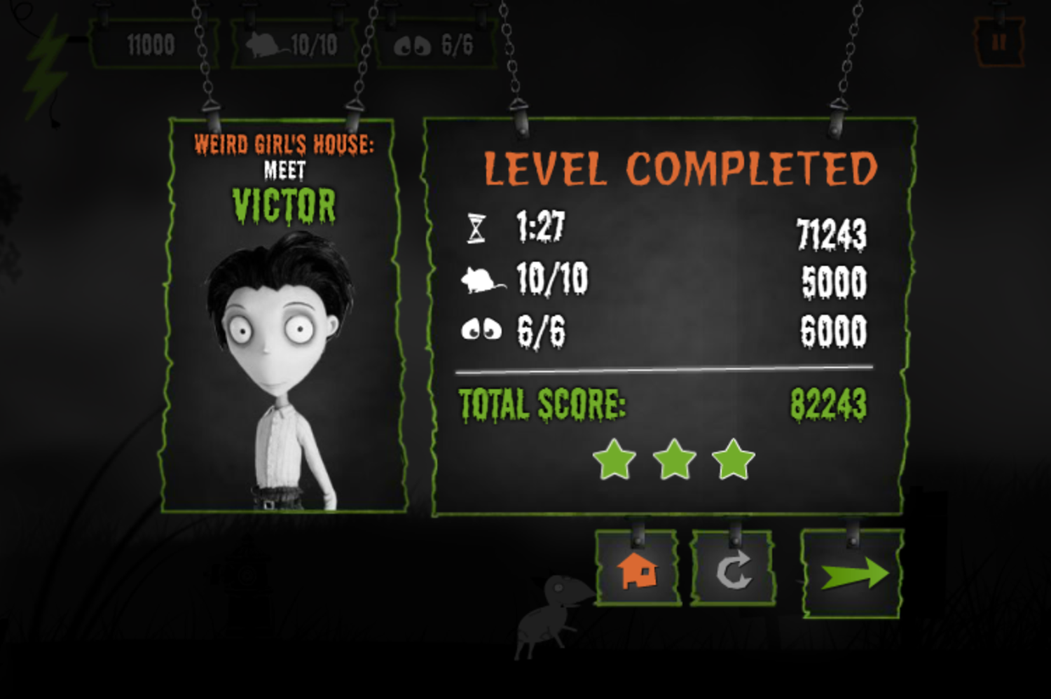 FrankenWeenie Vampire Cat Attack Game Level Completed Screenshot.