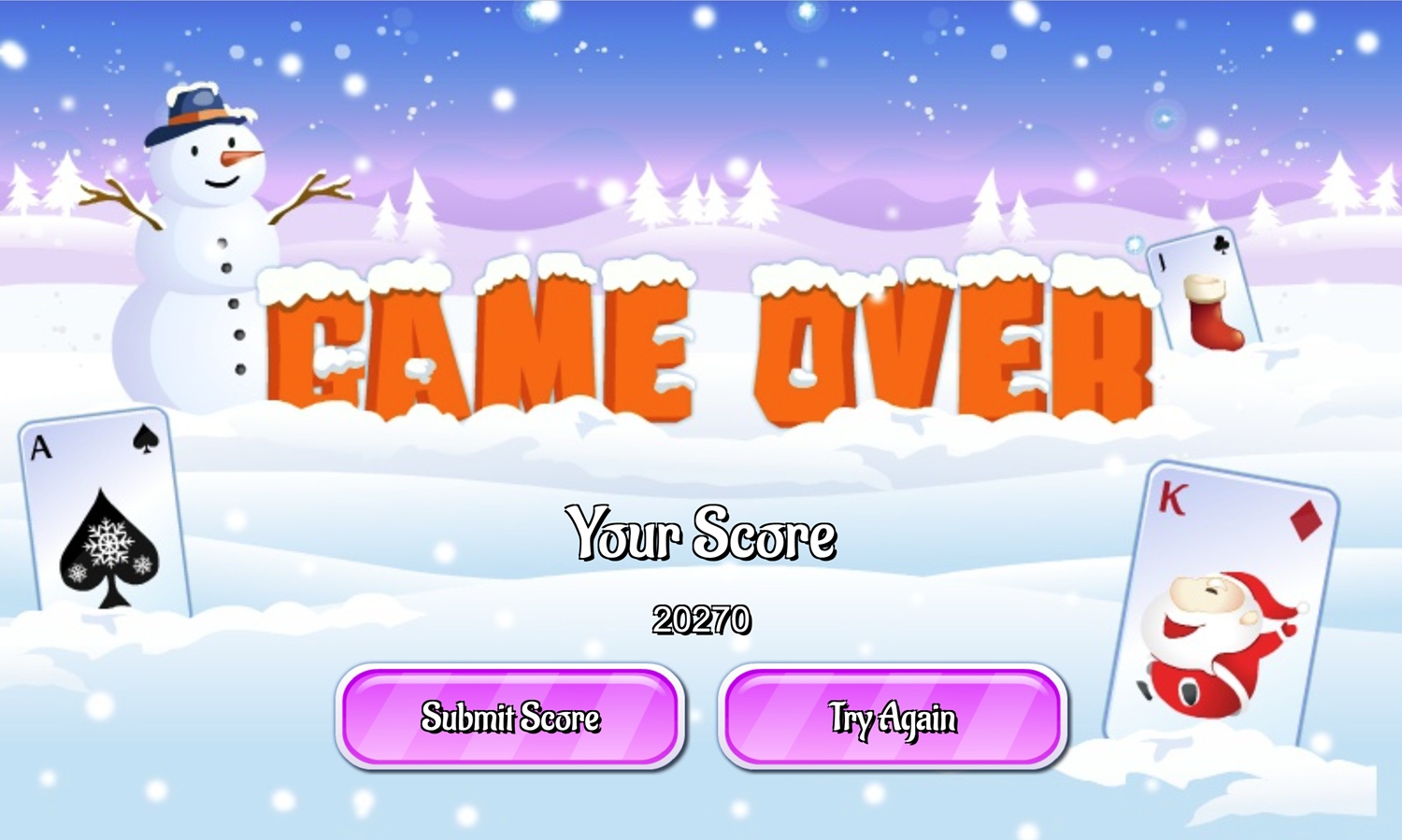 Freecell Christmas Game Over Screen Screenshot.