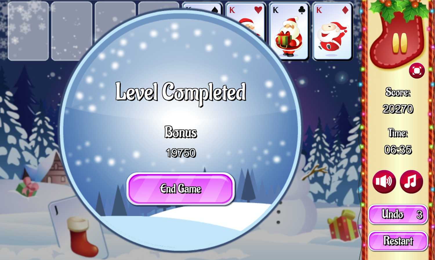 Freecell Christmas Game Level Complete Screen Screenshot.