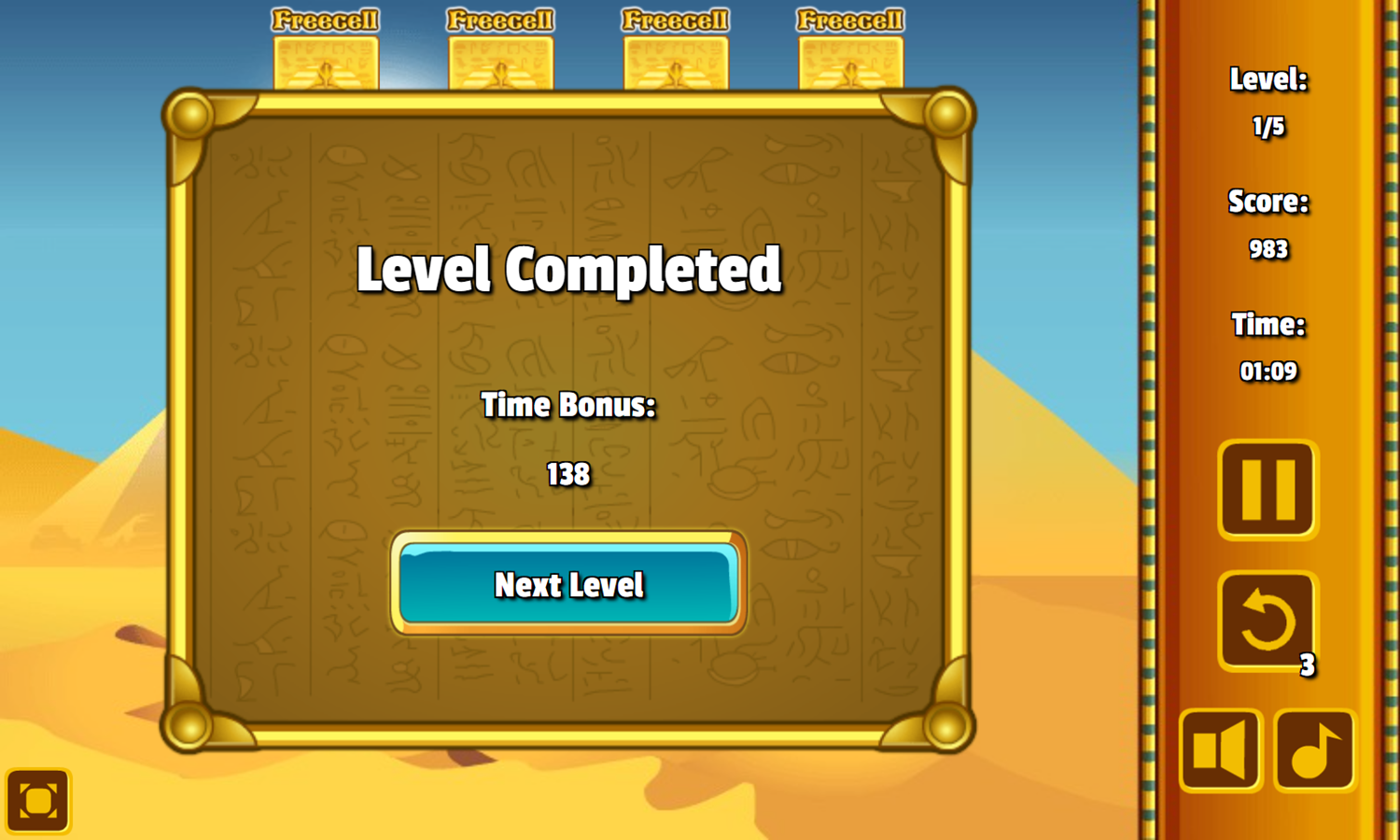 Freecell Giza Solitaire Level Completed Screenshot.