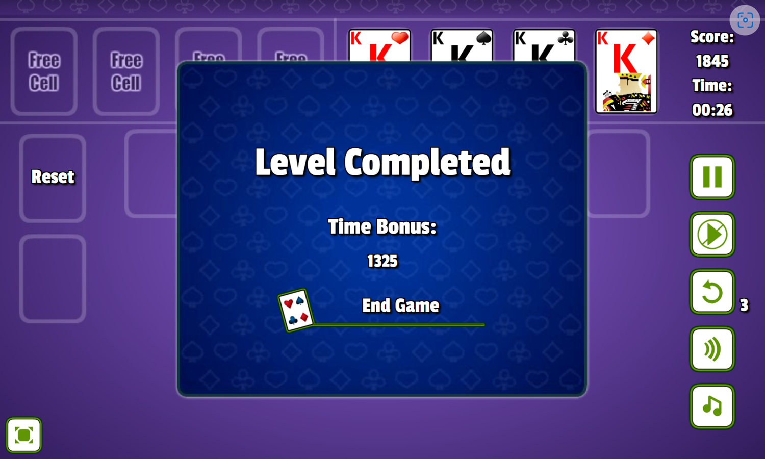 Freecell Klondike Solitaire Game Level Completed Screenshot.