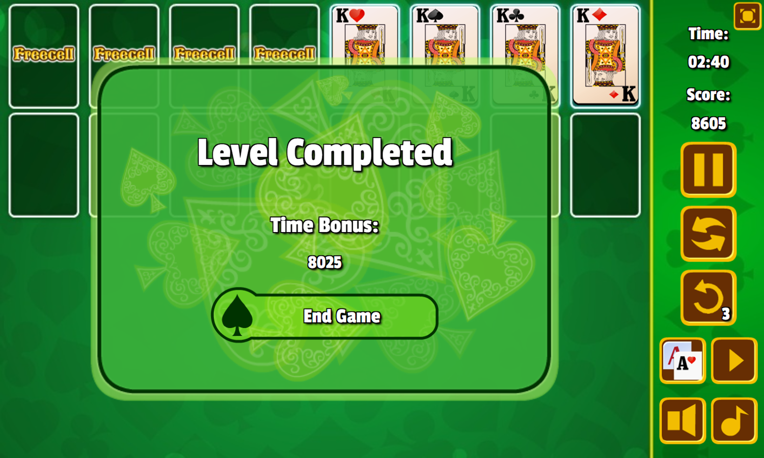 Freecell Solitaire Game Completed Screenshot.