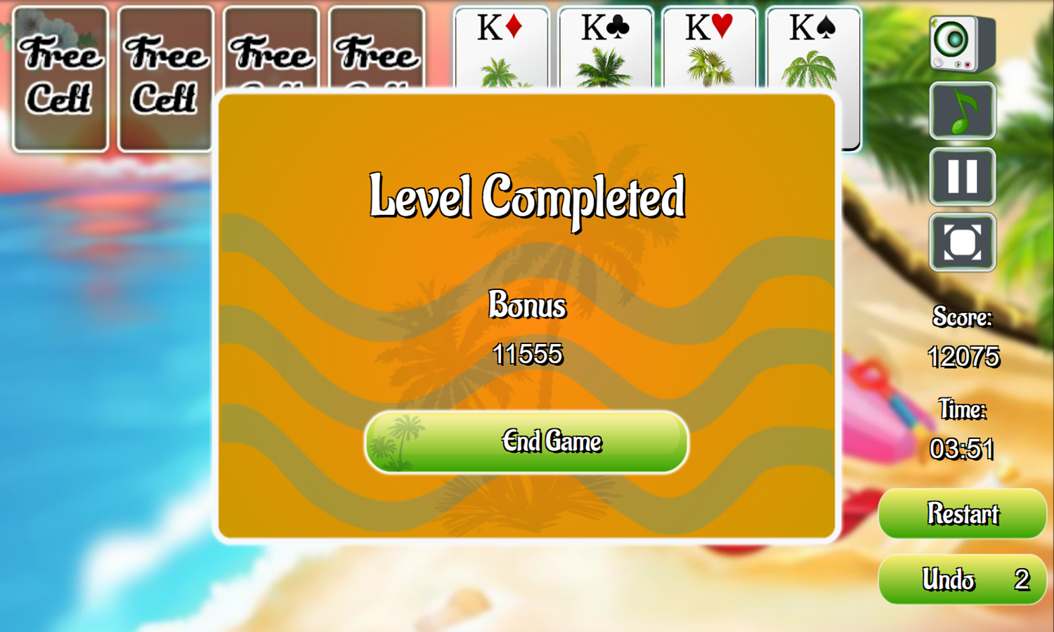 Freecell Summer Holiday Game Completed Screenshot.