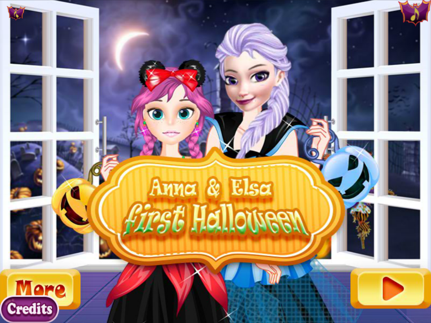 Anna and Elsa First Halloween Game Welcome Screen Screenshot.