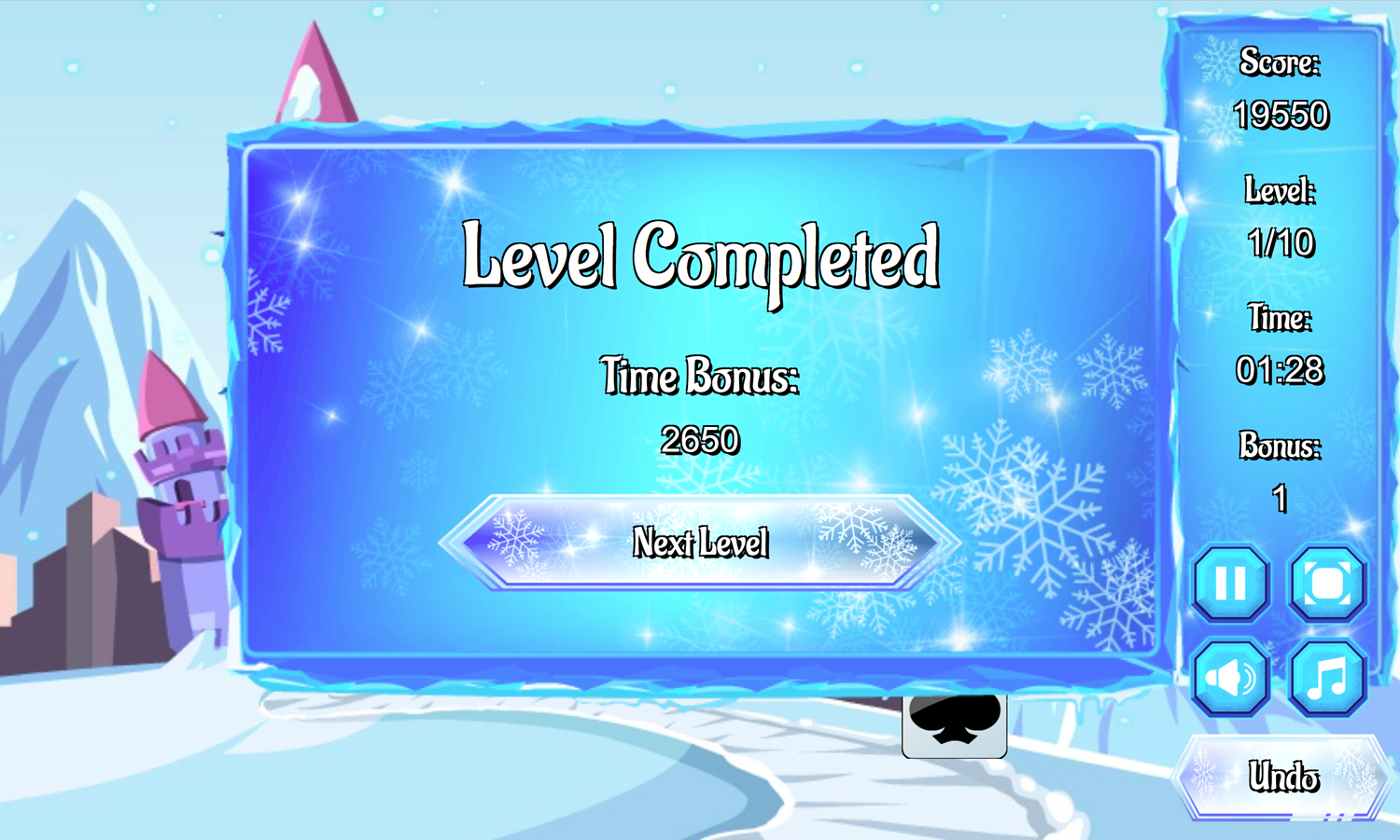 Frozen Castle Solitaire Game Level Completed Screen Screenshot.