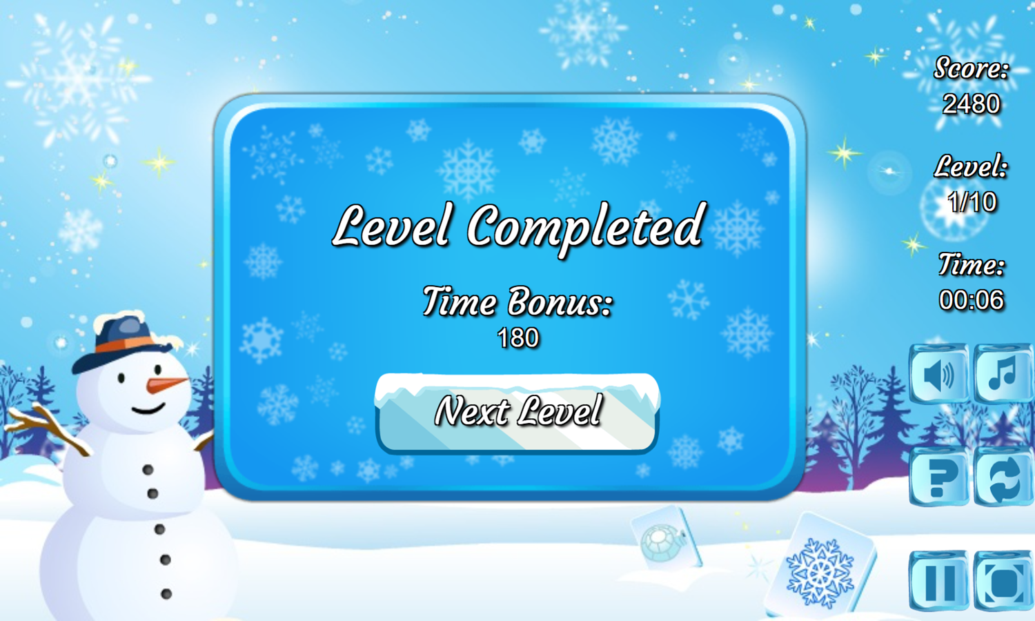 Frozen Mahjong Game Level Completed Screenshot.